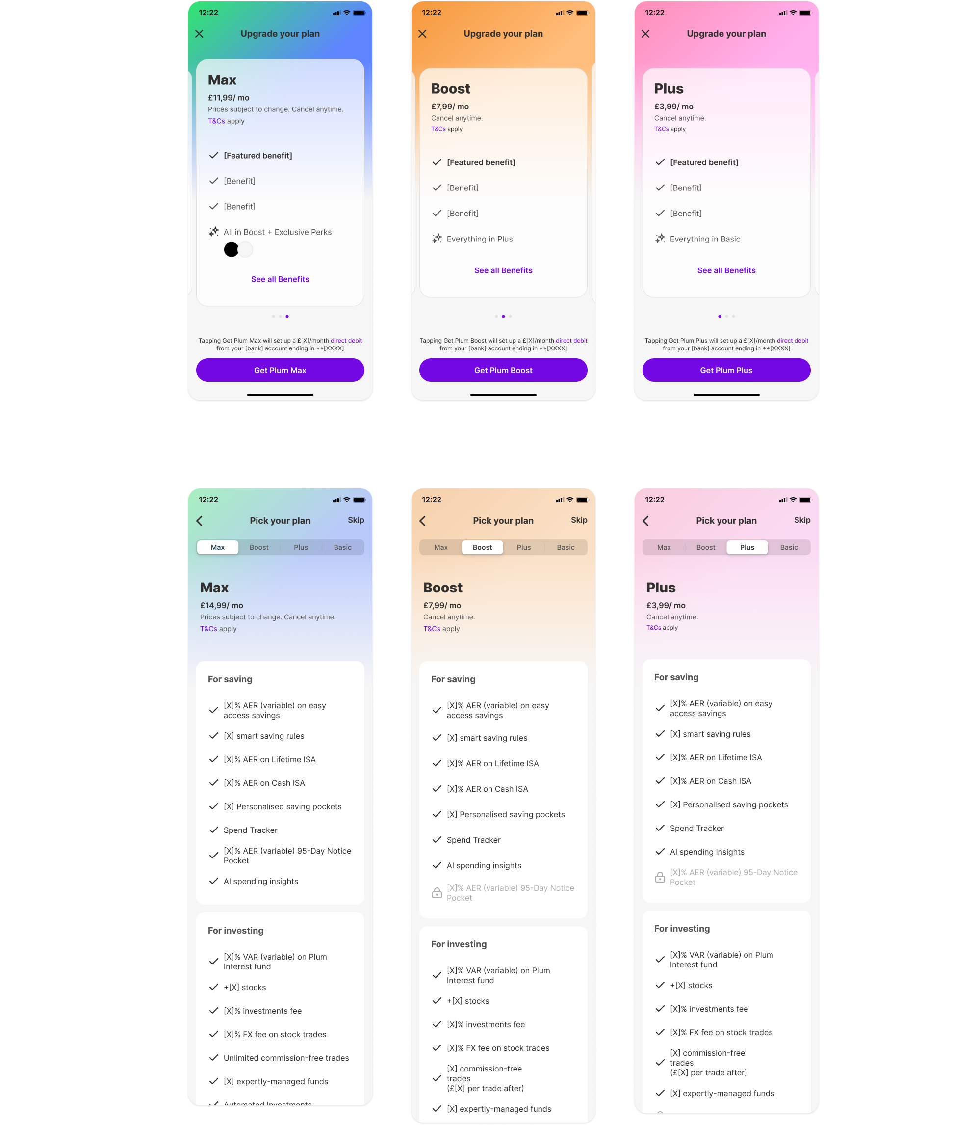 Original upsell experience, generic screens, no tier differentiation, no billing cycle