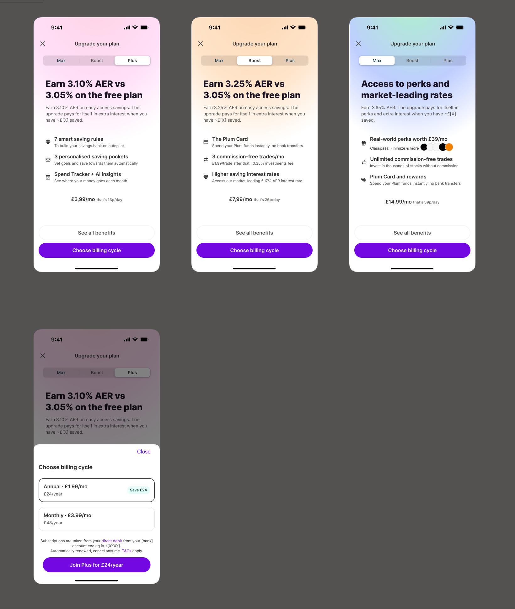 Redesigned tier screens, goal-specific, colour-coded, micro-priced
