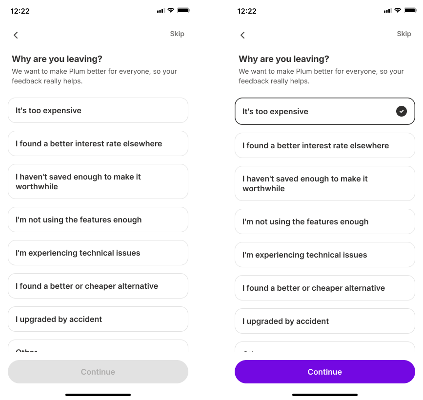 Screen 3: Churn reason selection with radio buttons