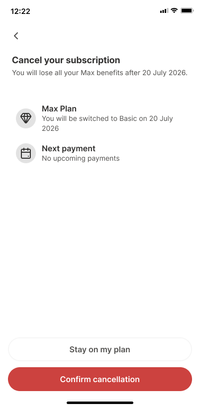 Screen 4: Final cancellation confirmation with billing end date and access notice